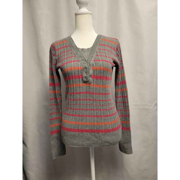 Y2K Striped Long Sleeve Sweater Womens Small Slim Henley Top - Picture 1 of 10